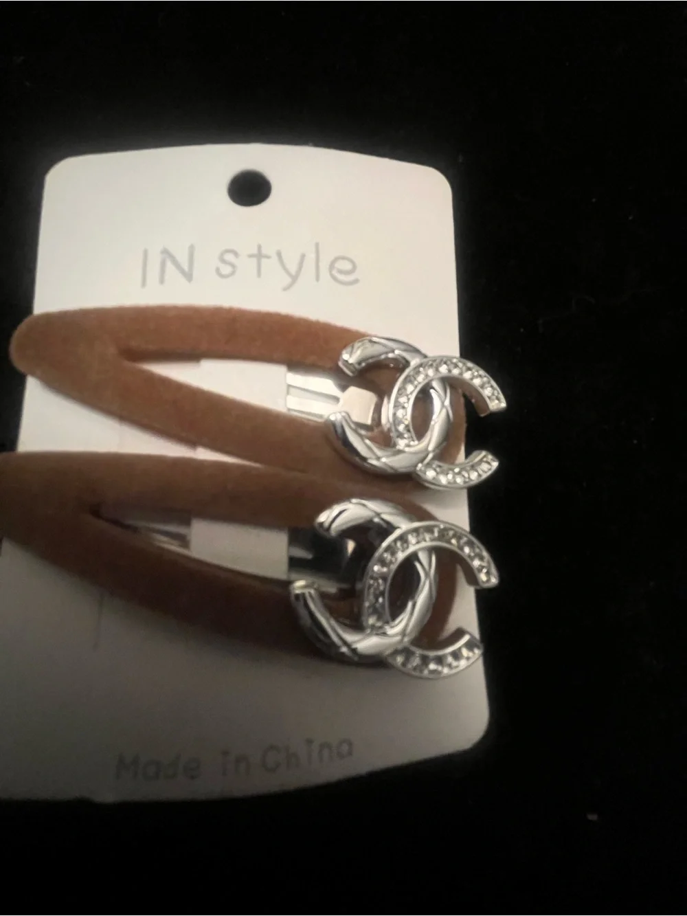 Brown Velvet Hair Clips with Silver Rhinestone CC Logo Accent